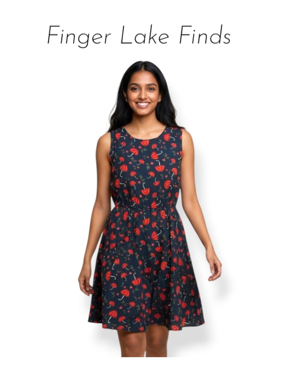 Paper Plane London Sleeveless Navy Dress with Red Umbrella Print, L/XL